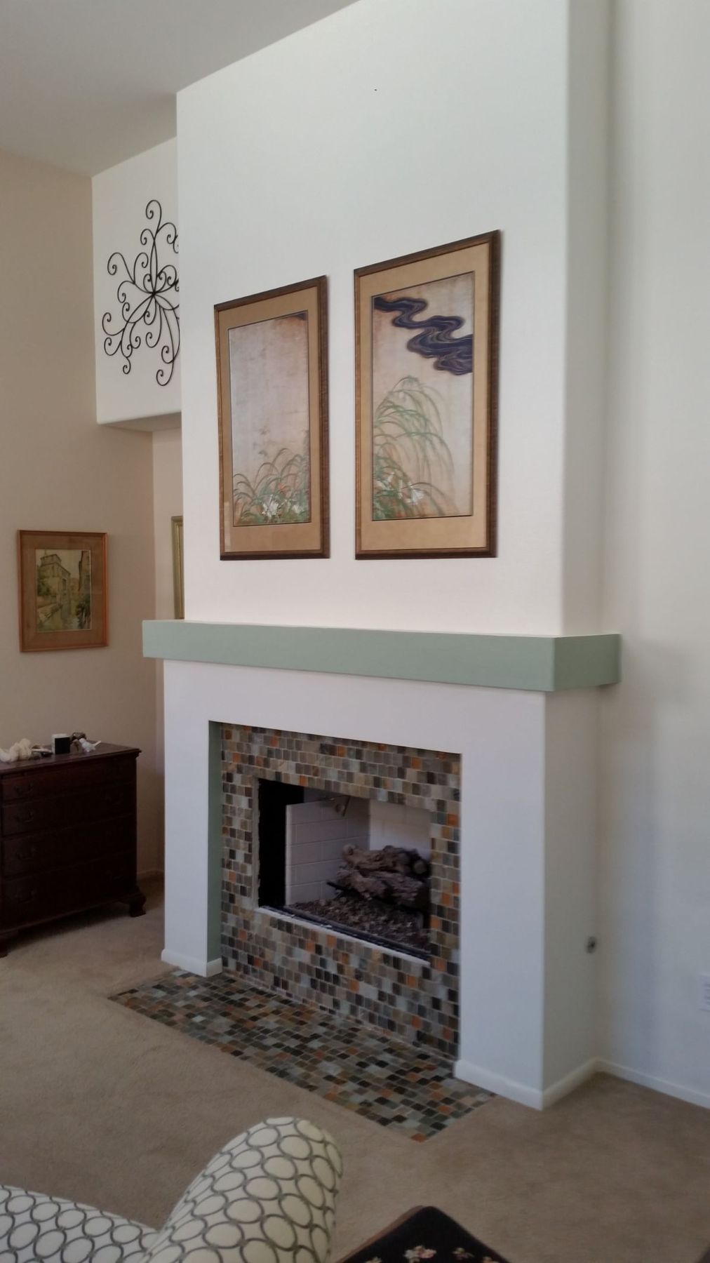 Mosaic tile fireplace and hearth installation