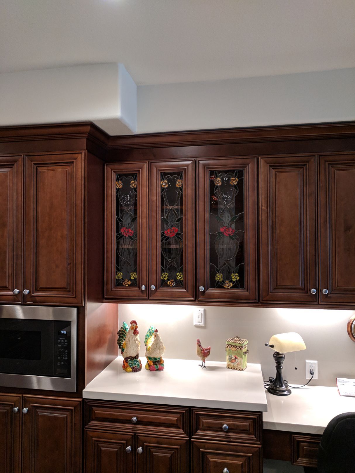 Custom kitchen cabinets with stained glass inserts
